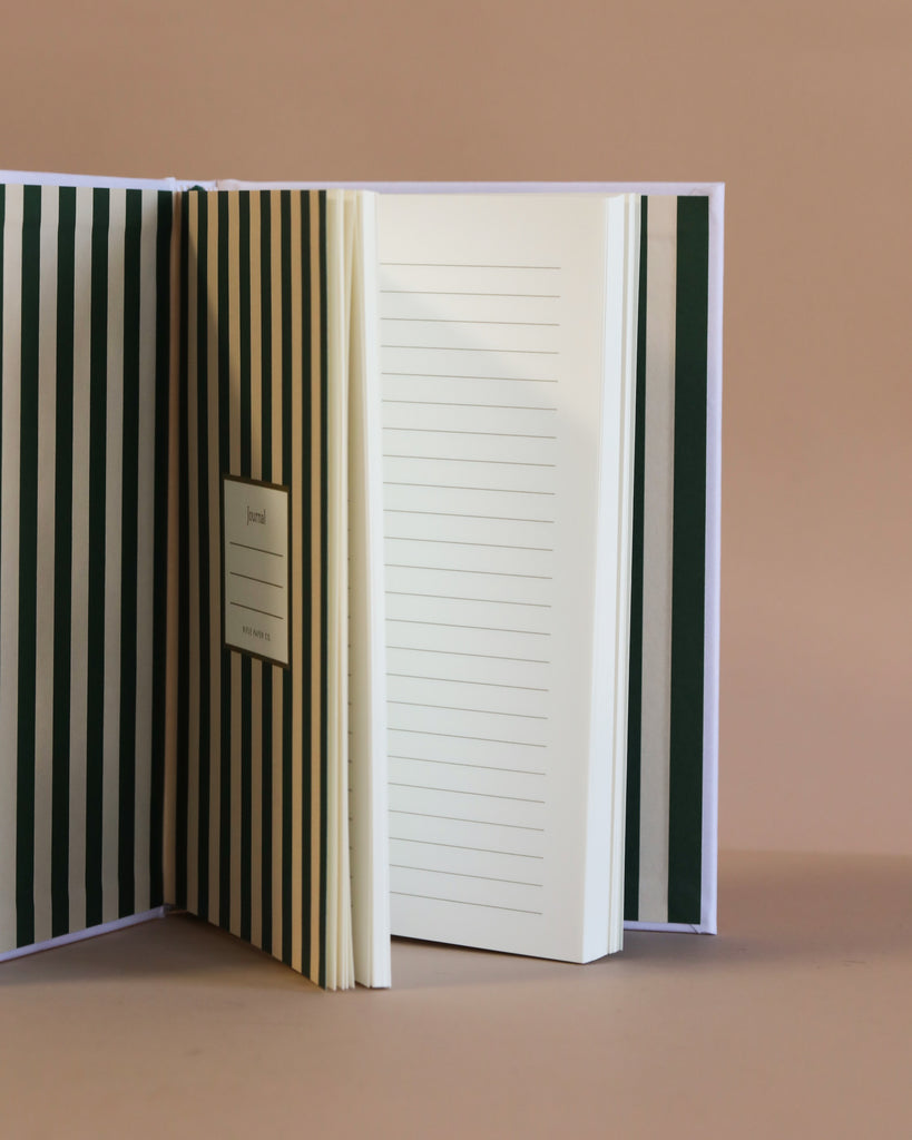 The Studious Cats Embroidered Journal features a green and cream striped cover with embroidered cat designs, open to reveal lined pages inside. It rests against a soft, solid beige background.