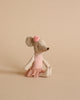 A Maileg | Ballerina Mouse - Big Sister in a pink tutu and a rose on its head, sitting against a plain beige background.