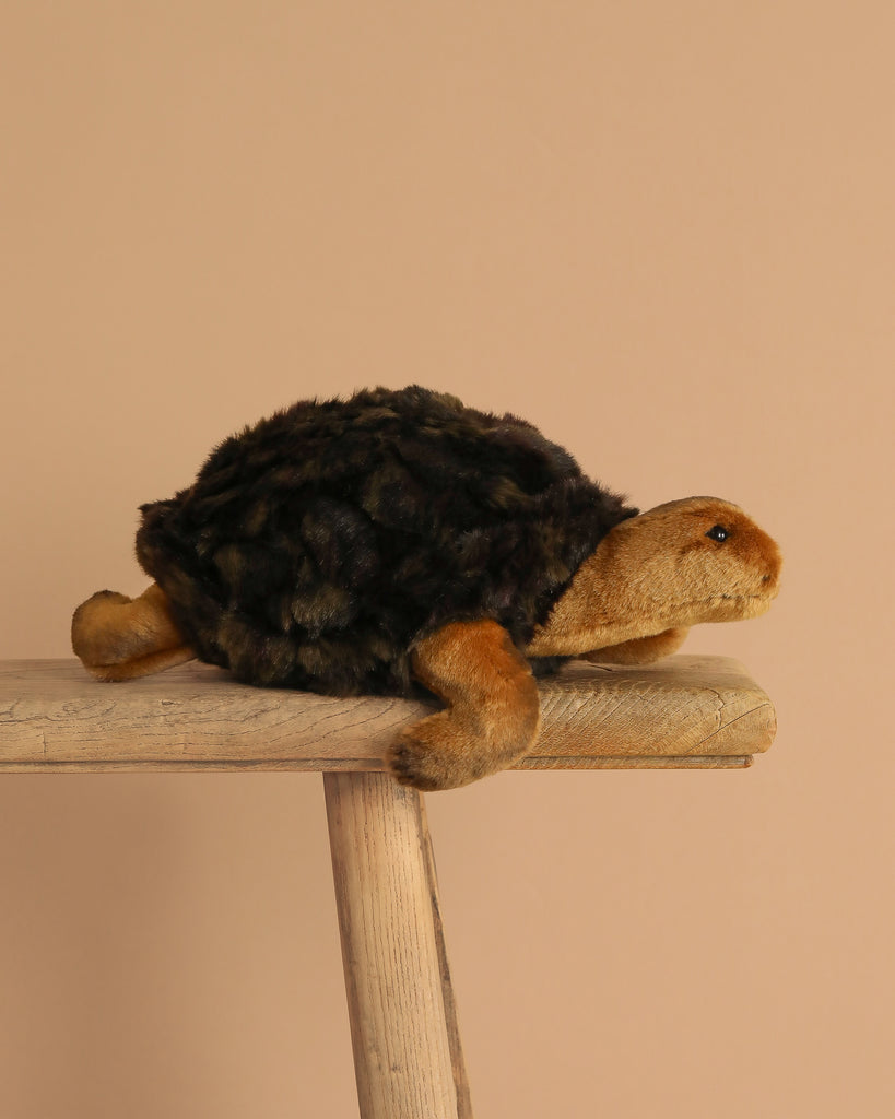 A cuddly companion, the Steiff Slo Tortoise Stuffed Animal features a dark textured shell and light brown head and limbs, sitting on a wooden bench against a beige background.