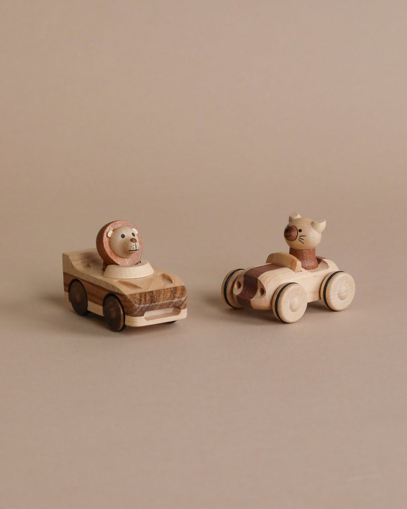 Two wooden car toys with animal inside.