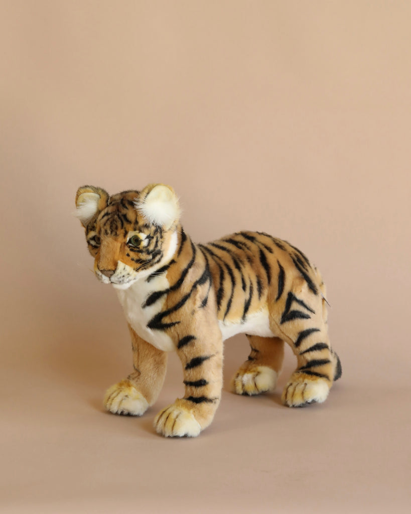 A plush toy of a Tiger Cub - Standing with realistic features, standing against a soft beige background. The tiger is positioned in a walking stance and features striking black stripes and a focused expression.