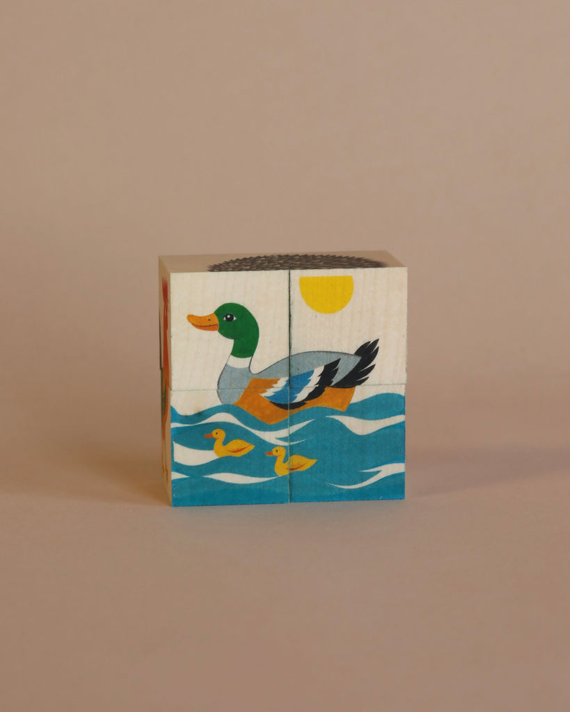 A Wooden Block Puzzle - 4 Piece Domestic Animals with a colorful image of a duck swimming in the water under a sunny sky, set against a plain beige background.