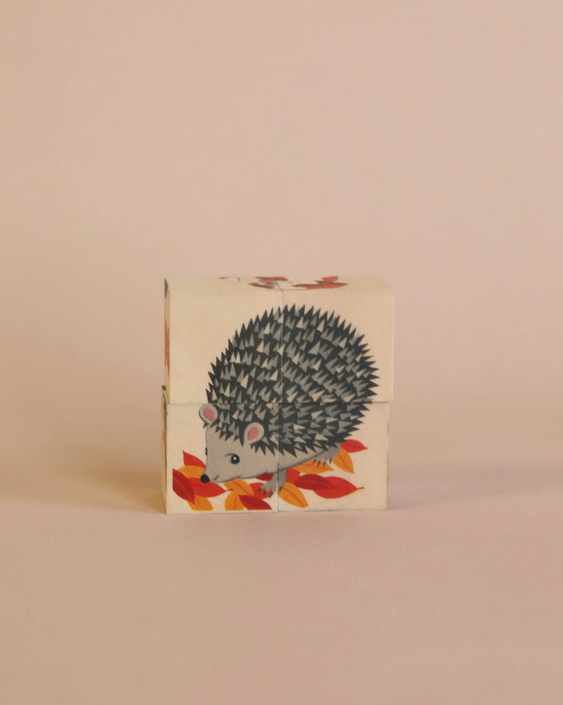 A Wooden Block Puzzle - 4 Piece Domestic Animals with an illustration of a hedgehog surrounded by autumn leaves on a soft pink background.