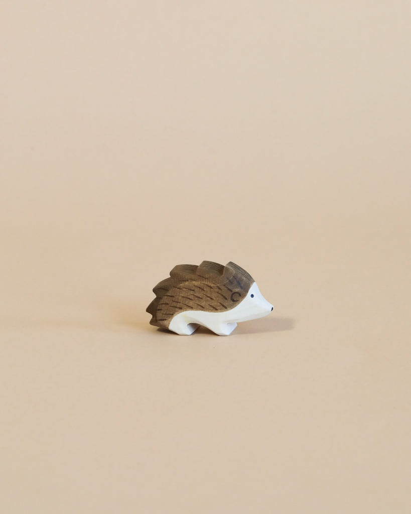 An Ostheimer Hedgehog is displayed against a plain, light beige background. The hedgehog’s texture highlights the natural wood grain.