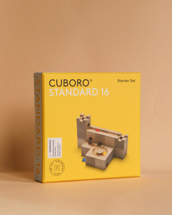 A Cuboro 16 Marble Run Starter Set box featuring wooden blocks. The front displays an assembled example on a pale background.