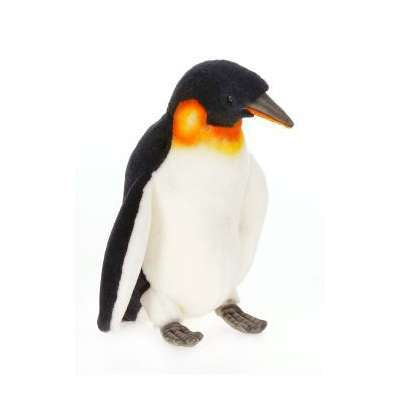 The Penguin Stuffed Animal, Small features a black back, white belly, orange and yellow neck markings, and a black beak. This plush toy stands upright against a white background—ideal for fans of realistic animal figures.