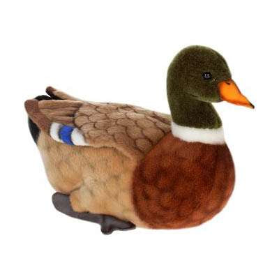 The Mallard Duck Stuffed Animal is a plush toy with a green head, orange beak, brown chest, and light brown wings featuring a blue patch—hand sewn for realism. Shown against a white background.