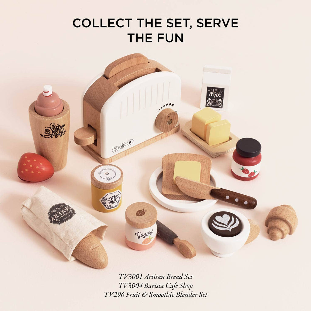 The Pop-up Toaster & Breakfast Set ships in one week and includes bread, butter, milk, coffee, fruit, and smoothie ingredients—all made from FSC-certified wood for pretend play. Collect the set and serve up fun!.