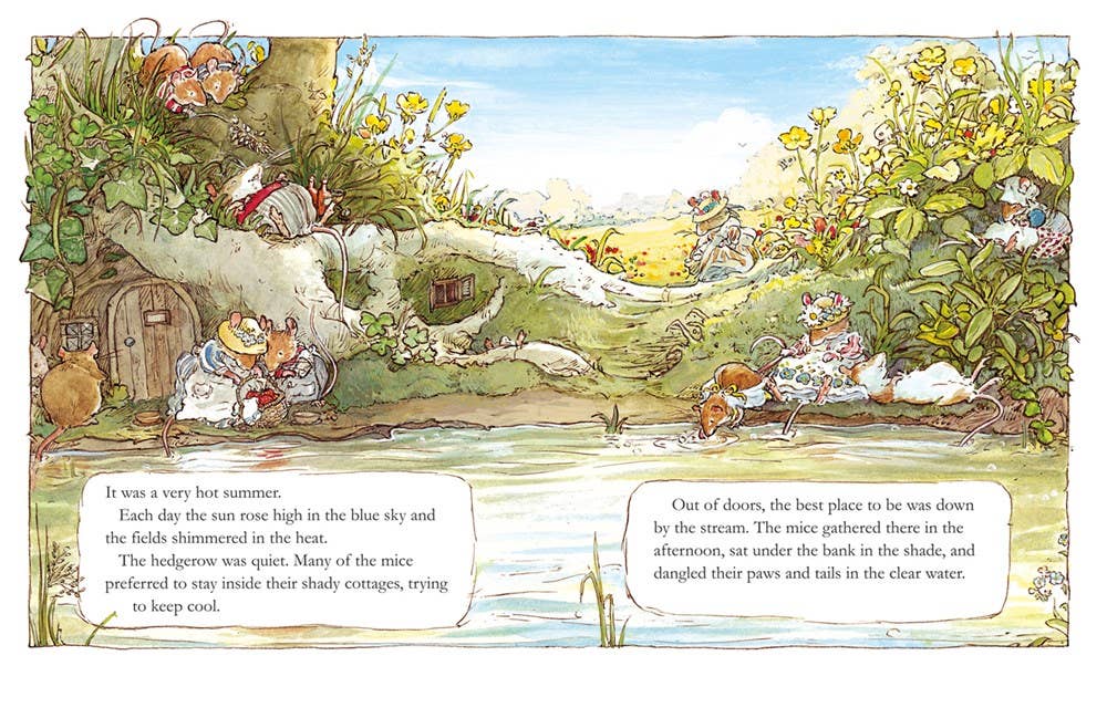 A charming watercolor from Brambly Hedge: The Classic Collection by Jill Barklem shows mice by a stream, some relaxing in hillside cottages, others playing in the water—amid summer flowers and lush greenery, perfect for woodland adventures.