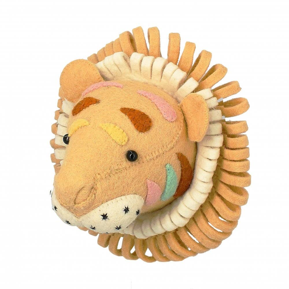 A plush toy tiger with a friendly face, featuring pastel-colored accents on its ethically handcrafted mane and forehead, and a soft, textured mane designed to mimic real fur.