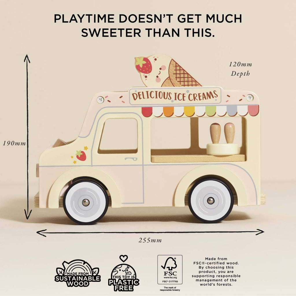 The Wooden Ice Cream Van is a vintage-style, pastel toy truck labeled "Delicious Ice Creams" (255mm x 190mm x 120mm). Featuring sustainability and FSC icons, this charming doll-sized van ships in one week.
