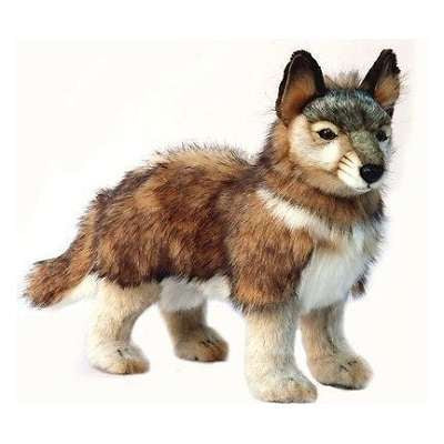 A realistic plush toy of a Wolf Cub Stuffed Animal with brown and white fur, standing in a lifelike pose with detailed facial features and unique personality.