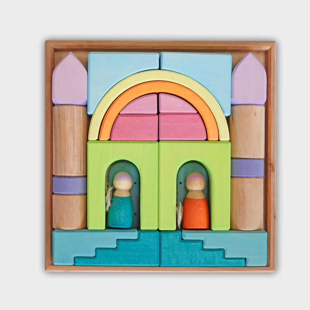 A square wooden puzzle featuring solid wood, colorful geometric pieces forming a whimsical castle. The castle has a rainbow arch at the top and two small wooden figures, one in green and the other in orange, standing in arches at the bottom. Perfect for imaginative free building, the background is white.
Grimm's Building World Cloud Play Block Set