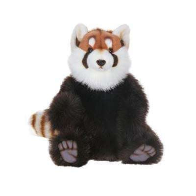 A Red Panda Stuffed Animal sitting upright, featuring distinct brown and white face markings, black body fur, and striped tail, against a white background. This detailed piece belongs to the collection of HANSA.