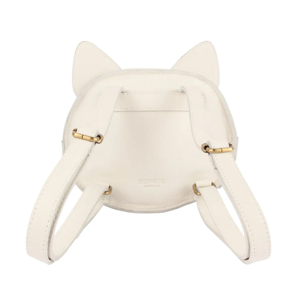 A Donsje Mini Leather Backpack - Cat with pointy ears and gold-tone hardware, viewed from the back, displaying adjustable straps and a brand logo embossed at the bottom.