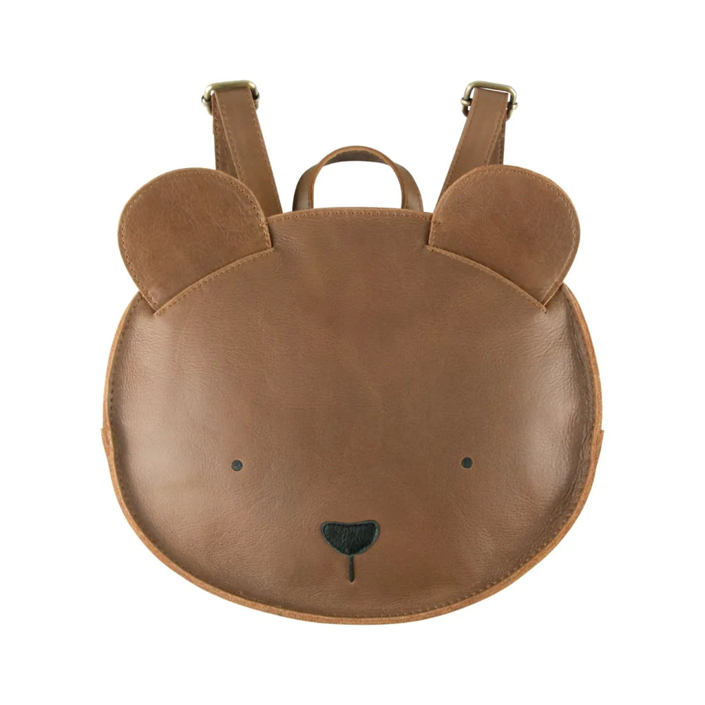 A round, Donsje School Leather backpack designed to look like a bear's face, featuring small ears at the top and a black nose in the center, with a simple, cute expression.