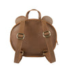 A brown premium Donsje School Leather Backpack - Bear with a unique round design featuring two external buckles and a top handle, isolated on a white background. The brand "Donsje" is embossed at the top.