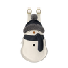 A Donsje Kliff Backpack | Snowman designed to resemble a snowman, complete with a grey and black hat, and a black scarf, against a white background with horizontal grey stripes. This premium leather accessory is perfect for showcasing