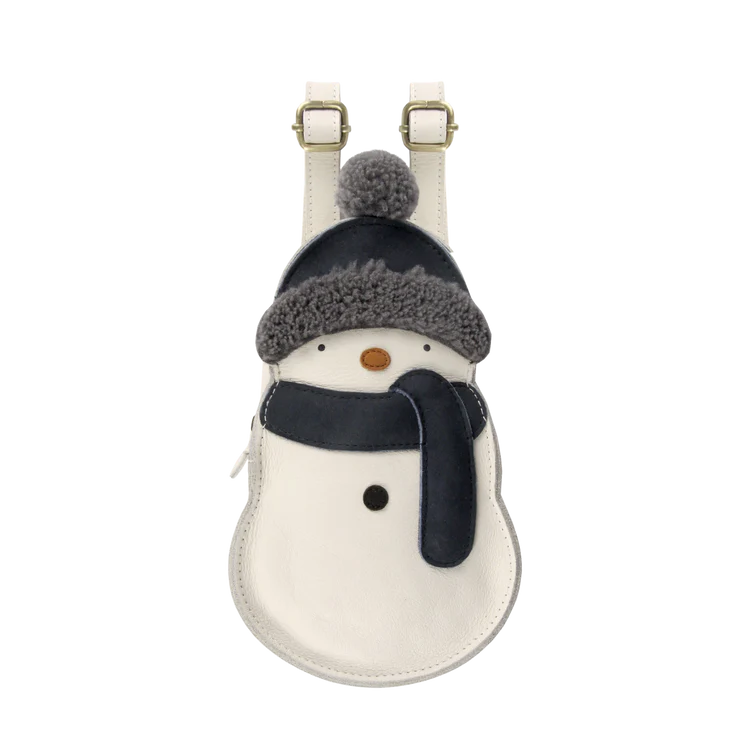 A Donsje Kliff Backpack | Snowman designed to resemble a snowman, complete with a grey and black hat, and a black scarf, against a white background with horizontal grey stripes. This premium leather accessory is perfect for showcasing