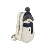 A small, round white Donsje Kliff Backpack designed to look like a snowman wearing a dark blue hat with a pom-pom. The backpack features a zipper and an adjustable strap, perfect as a Christmas accessory.