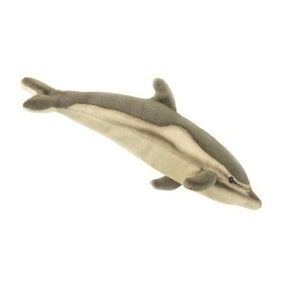 A Dolphin Stuffed Animal, colored in shades of grey, shown against a plain white background. The toy is streamlined with fins and a tail, capturing the typical dolphin silhouette with realistic features.