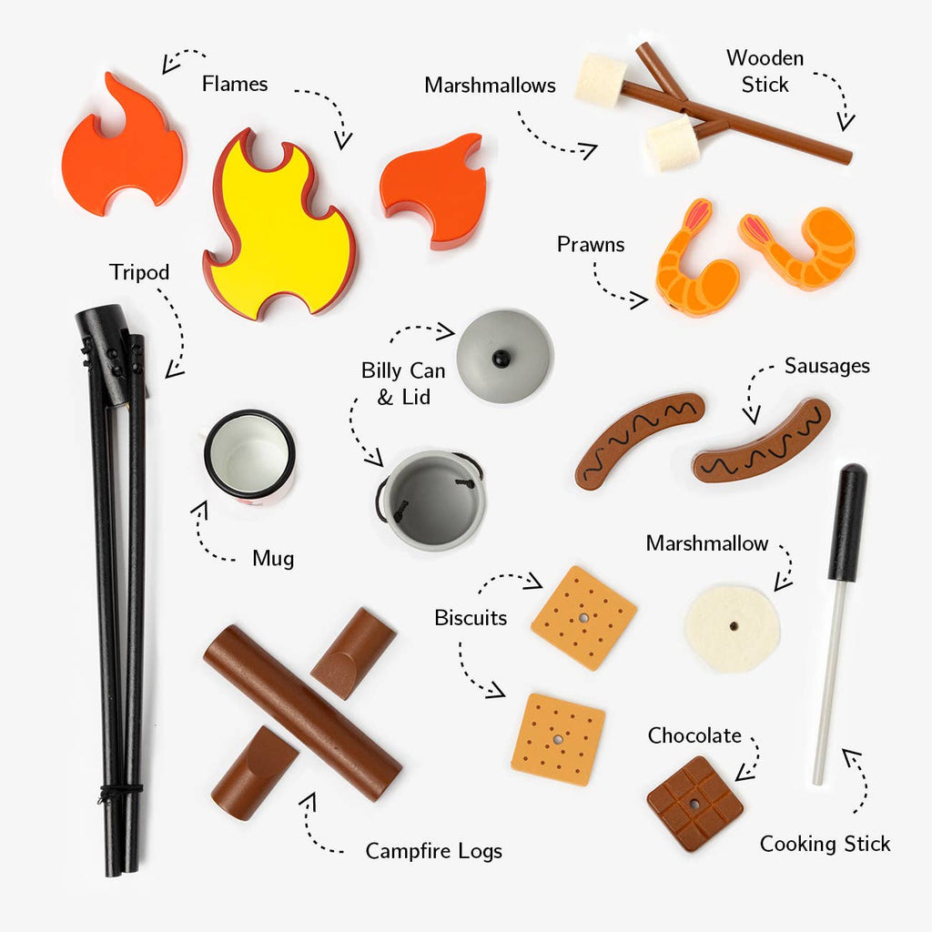The Wooden Camp Fire Set is an illustrated kids’ pretend play set featuring labeled wooden flames, marshmallows on sticks, prawns, tripod, billy can, mug, sausages, biscuits, chocolate, campfire logs, and a cooking stick.