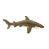 A Great White Shark Stuffed Animal, featuring realistic features with a grey body, white underbelly, and detailed fins, isolated on a white background.