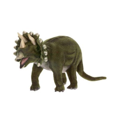 A Triceratops Dinosaur Stuffed Animal, depicted in mid-stride with an artisan-crafted textured green skin and a large frill adorned with multiple horns around its head.