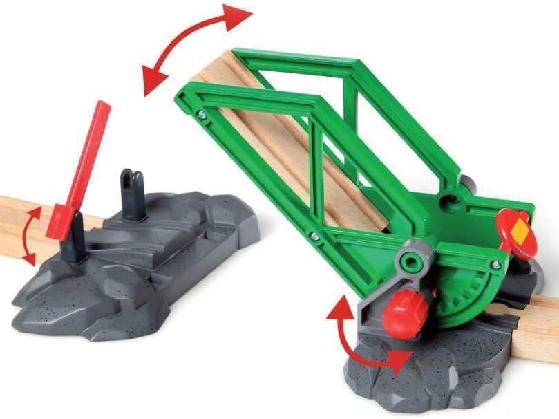 The BRIO World Train Set Cargo Harbour Set features a green and gray toy drawbridge with wooden tracks. Red arrows show lifting or lowering, while a red side lever controls the bridge for fun toy train adventures.