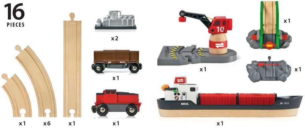 The BRIO World Train Set Cargo Harbour Set includes 16 pieces: curved and straight tracks, a cargo ship, crane, engine, two cargo wagons, rock loads, and a platform. Each piece is labeled with its quantity for easy play.