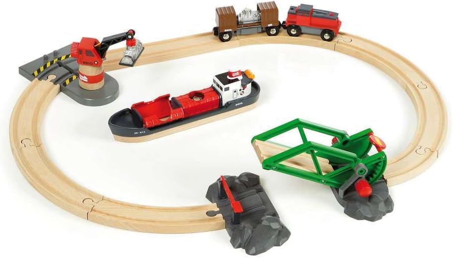 Expand your BRIO World with the BRIO World Train Set Cargo Harbour Set, featuring a wooden circular track, toy train cars, lighthouse, red and white cargo ship, and green drawbridge.