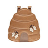 A Donsje School Leather Backpack - Beehive shaped like a beehive, featuring three decorative bee appliques and a rounded base compartment, with adjustable shoulder straps, against a plain white background.