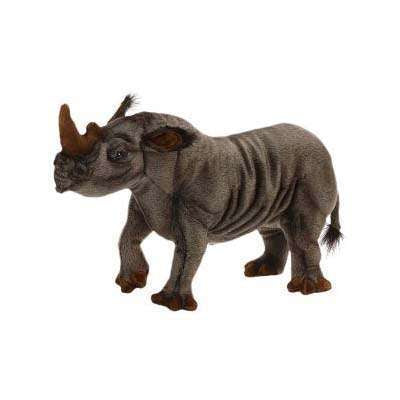 The Rhino Stuffed Animal is a lifelike gray plush with two brown horns, wrinkled skin details, small ears, and stands on all four legs. Perfect for any animal lover’s collection.