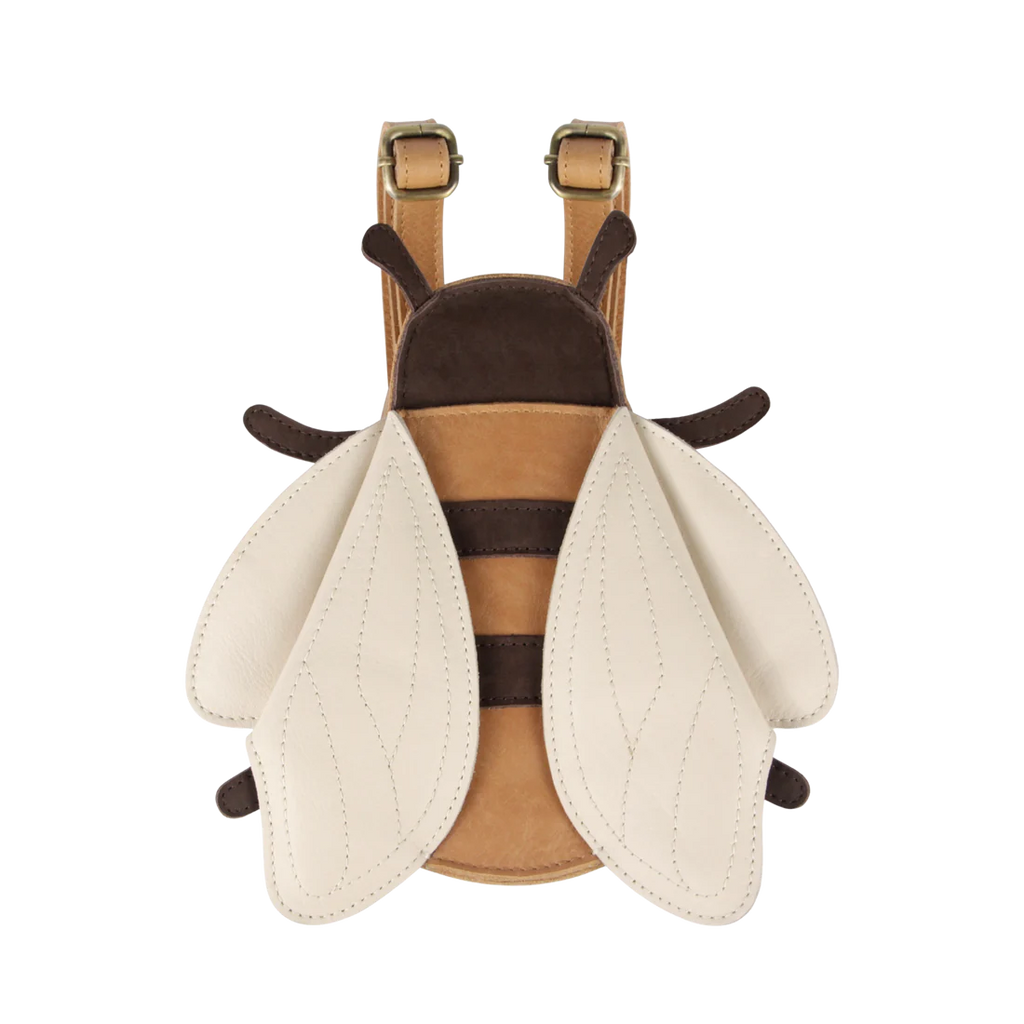 A stylized Donsje Bee Backpack designed to resemble a beetle, featuring pale wings with stitching details, a brown body made from 100% Premium Leather, and adjustable straps, set against a black background.