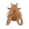 A Donsje Bee Backpack, Classic Leather designed like a cute animal with ears and straps, from donsje, displayed against a striped background.