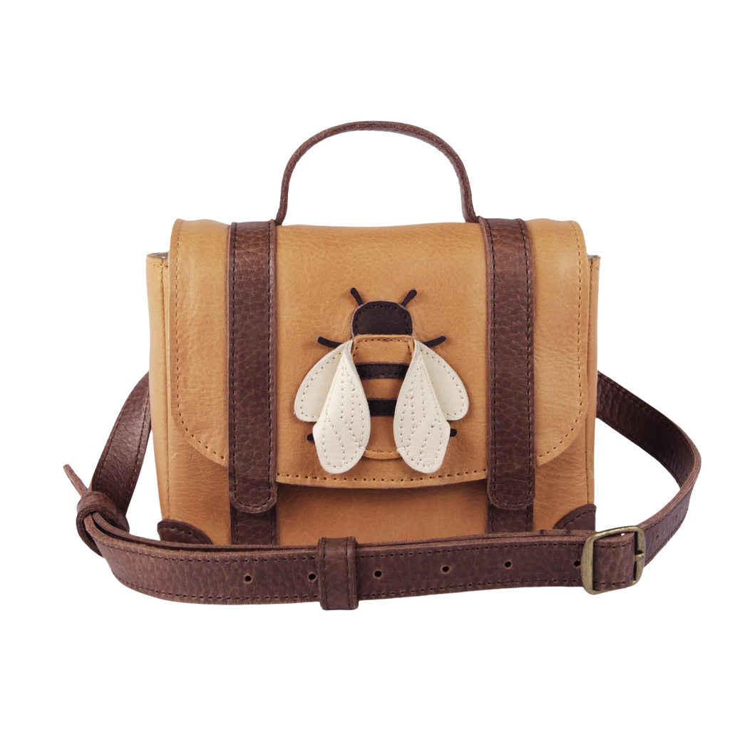 A Donsje Trychel Bum Bag - Bee with an adjustable leather strap, featuring a decorative bee motif on the front flap. The bee has white and tan wings with black stripes. The background is transparent.