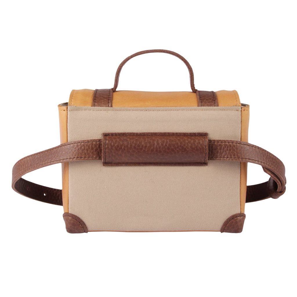 A Donsje Trychel Bum Bag - Bee with premium leather accents and an adjustable leather strap, set against a transparent background.