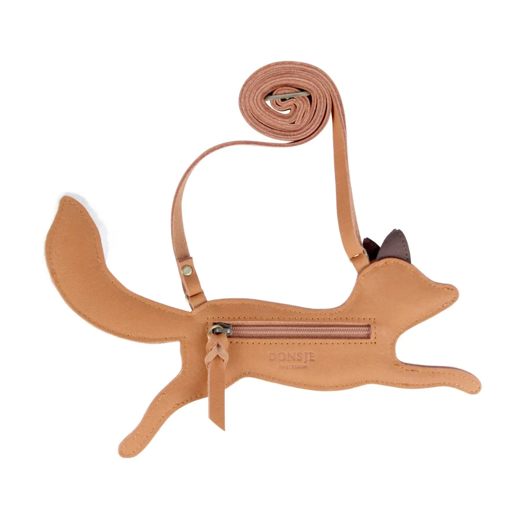 A whimsical Donsje Jimp Purse - Fox accessory shaped like a fox, featuring an adjustable leather strap and a zipped compartment along the body, displayed against a white background.