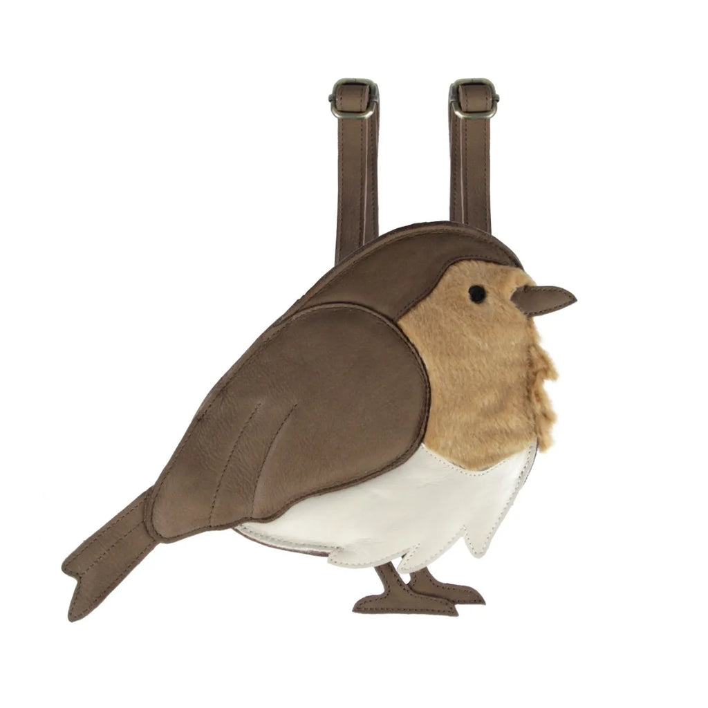 A whimsical, Donsje Woodsy Robin-shaped backpack with adjustable straps, featuring brown and cream colors, designed to look like a cute, chubby bird in a standing position.
