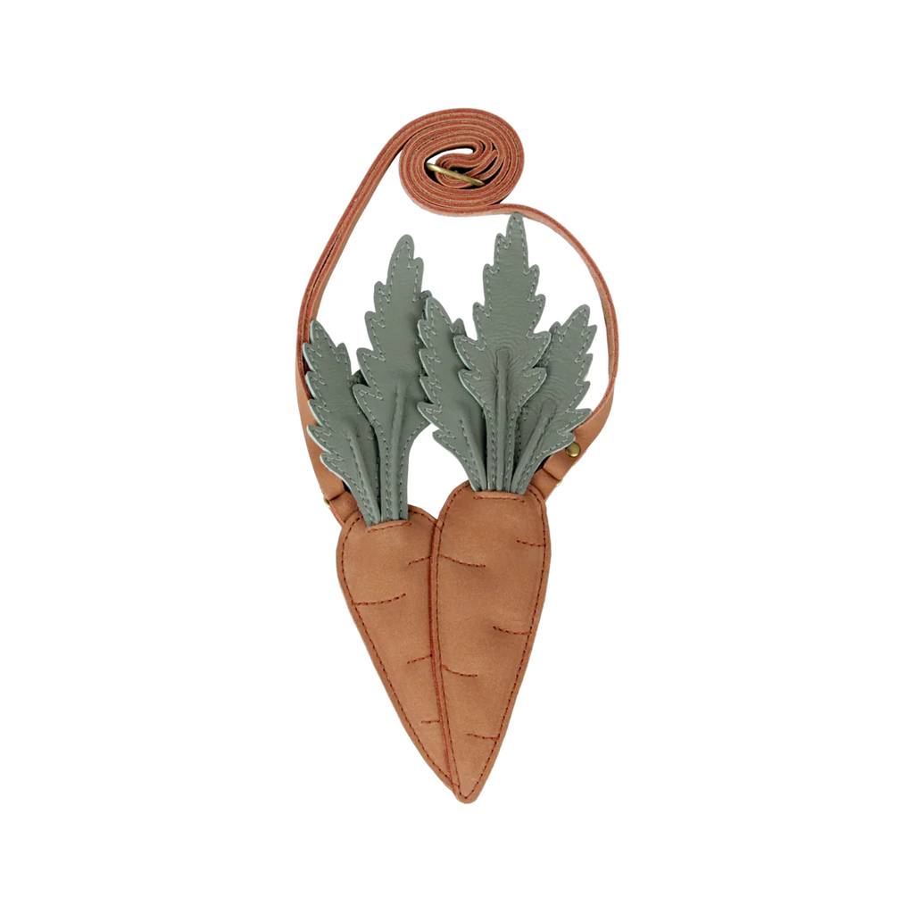 A Donsje Chaeso Purse resembling a carrot with green felt leaves and an orange textured body, hung by a round loop at the top. The background is black.