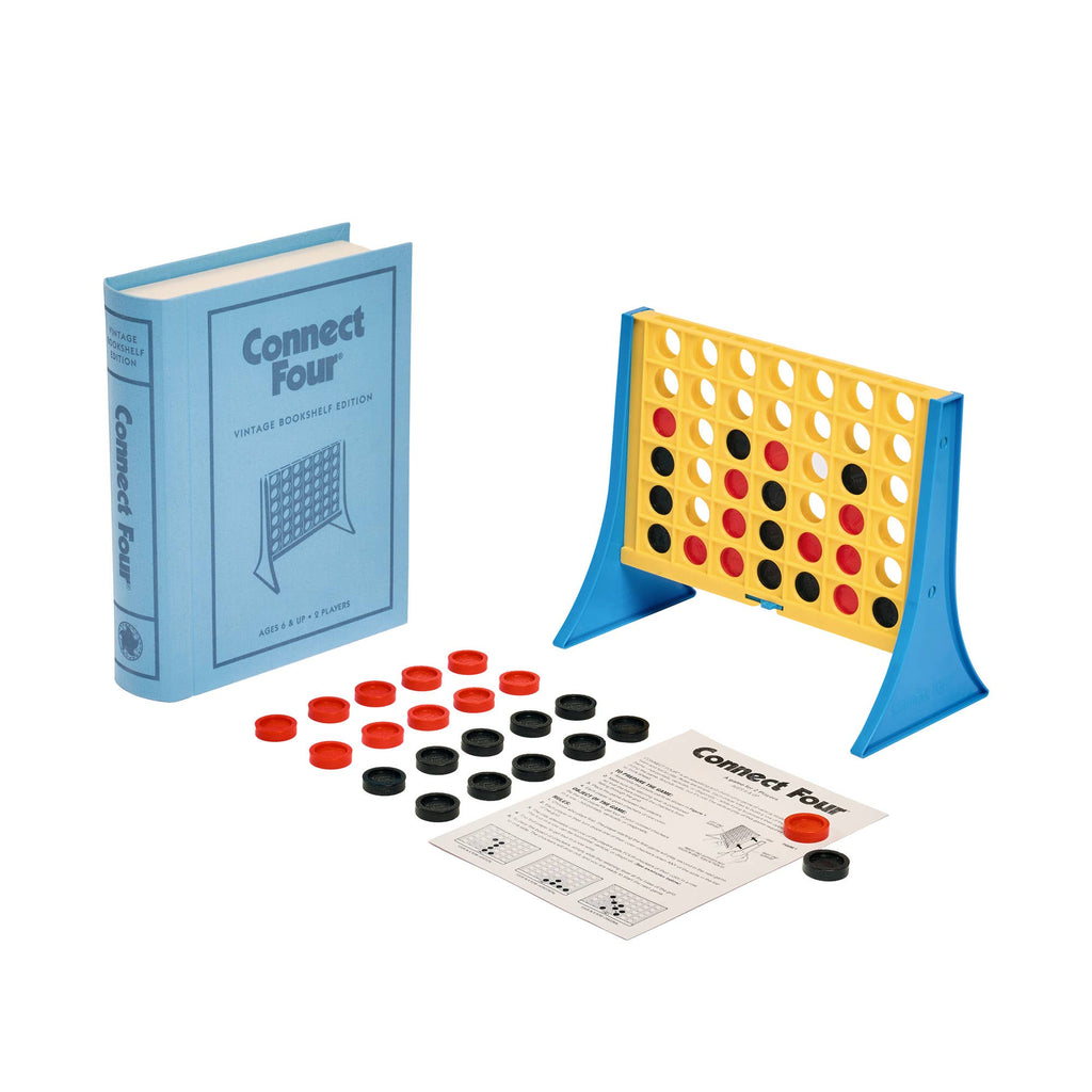 Board Game: Connect 4 Vintage Bookshelf Edition comes in a blue book-shaped case with a yellow and blue grid, red and black discs (some loose and some on the grid), and an instruction sheet for this classic vertical strategy game.