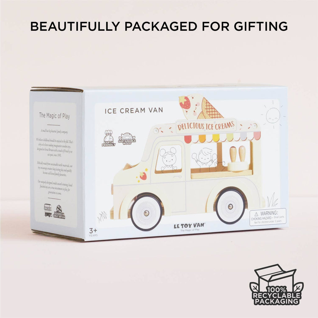 The Wooden Ice Cream Van is a pastel, vintage-style toy in 100% recyclable packaging with animal illustrations—perfect for gifting. Doll-sized ice cream truck for ages 3+, labeled "Ice Cream Van" and "Le Toy Van." Ships in one week.