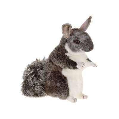 The Chinchilla Stuffed Animal features gray fur, a fluffy tail, and a white belly. It stands upright against a white background, with perked ears and delicate paws showcasing the charm of hand-sewn toys.