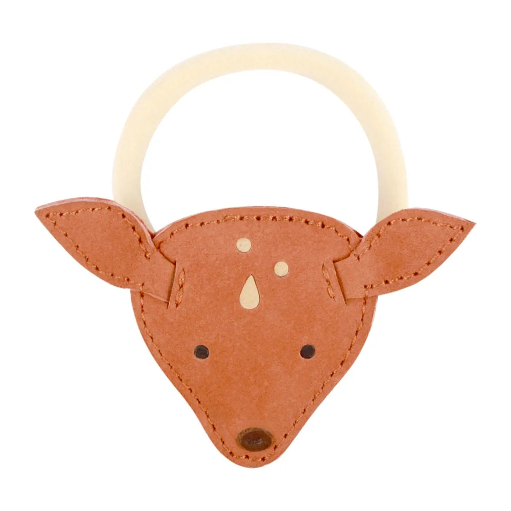 A child's handbag shaped like a Donsje Leather Hair Tie - Deer head, crafted from premium leather with stitched details, teardrop markings, and a round wooden handle.