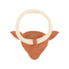 A premium leather Donsje hair tie featuring a tan triangular base with a white circular ring and a snap fastener, embossed with the word "donsje" at the center.