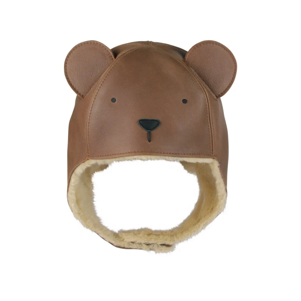 A child's Donsje Leather Classic Hat  - Bear with sheep wool lining and cute ear details, isolated on a white background.