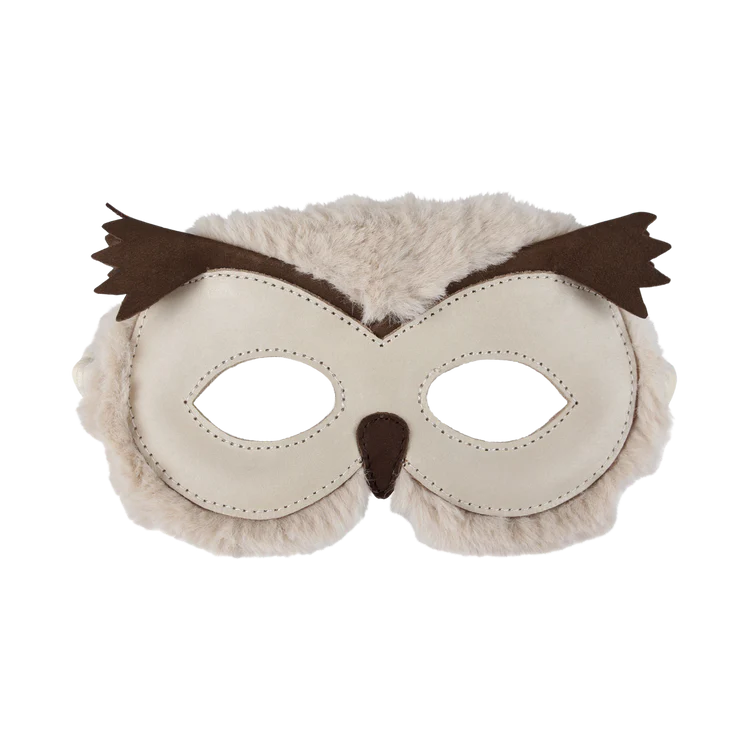 A plush Donsje Tieri Mask | Owl with white and brown accents, featuring large cut-out eye holes and textured eyebrow details on a transparent background.