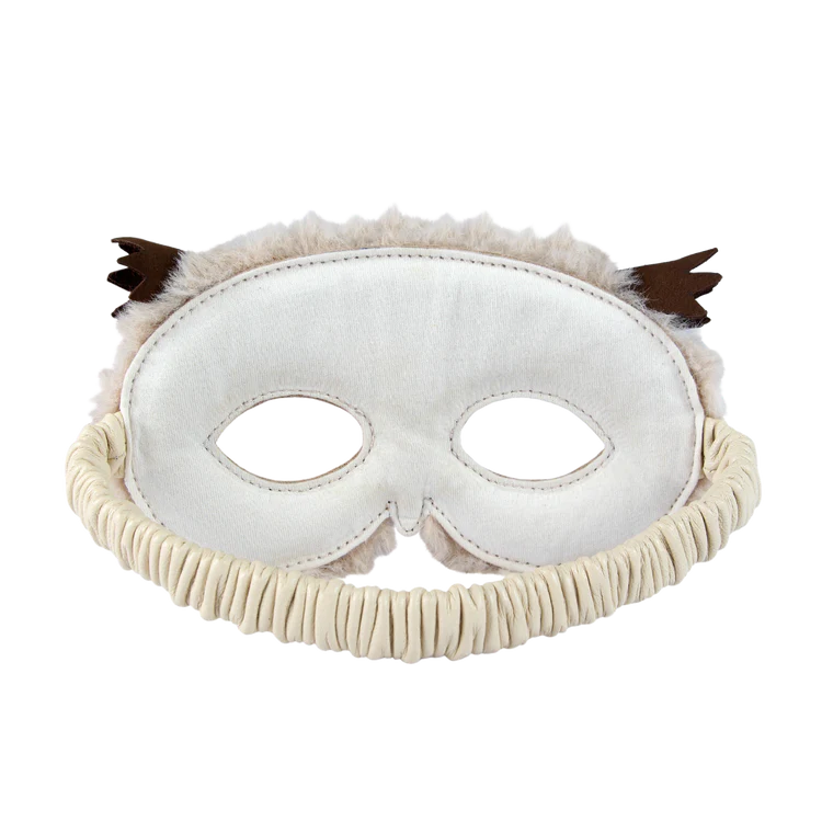 A white plush Donsje Tieri Mask | Owl with textured eyebrows and tufted ears, featuring cut-out eyes, against a transparent background.