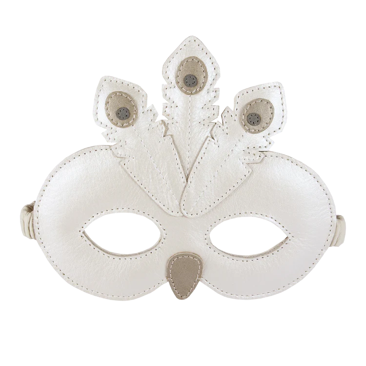 An ornate Donsje Tieri Mask | Peacock with detailed stitching and three metallic button accents on a peacock feather-like design centered above the eye holes, set against a transparent background.
