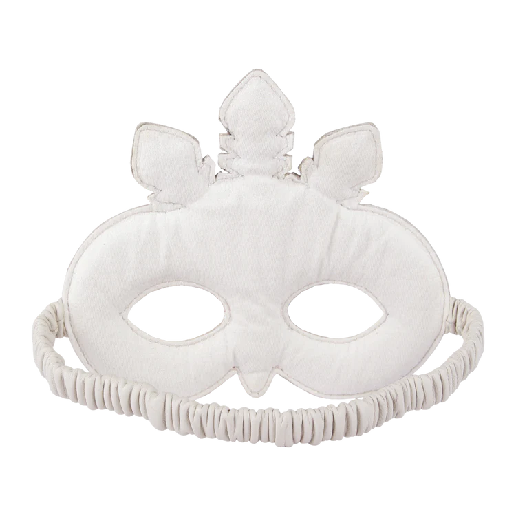 Sleep mask designed as a cute animal face with ears and decorative top leaf detail. It features a soft, plush texture in metallic gray color. A ruffled edge surrounds the eyeholes - Donsje Tieri Mask | Peacock